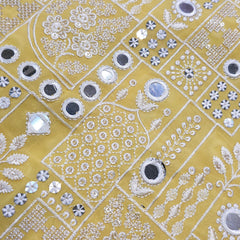 Yellow Georgette Fabric with Intricate White Resam Embroidery and Mirrorwork