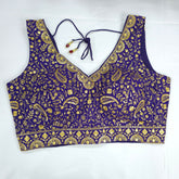 Embroidered Purple Silk Blouse with Attached Sleeves and Curvy V Neckline