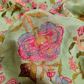 Multi-color Floral Digital Print on Pista Green Organza Fabric with Handwork
