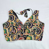 Embroidered Black Blouse with Attached Sleeves and V Neckline