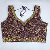 Embroidered Wine Silk Blouse with Attached Sleeves and Curvy V Neckline