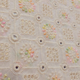 Pastel Color Embroidered Off-White Dyeable Georgette Fabric in Geometric Pattern with Mirror Highlights