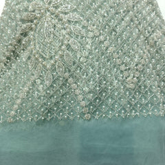 Pastel Aqua Embroidered Net Fabric with Heavy Sequins, Beads & Pearl Work
