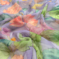 Multi-color Floral Digital Print on Purple Organza Fabric with Handwork