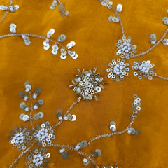 Mirha Hand Embroidered Yellow Golden Organza Shimmer Tissue with intricate Floral Sequin Embroidery