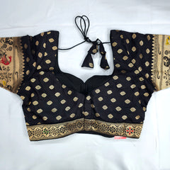 Embroidered Black Silk Brocade Blouse with Sweetheart Neckline