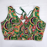 Embroidered Green Blouse with Attached Sleeves and V Neckline