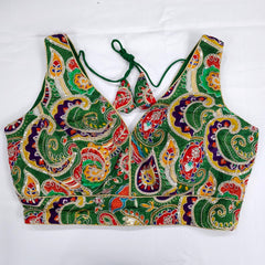 Embroidered Green Blouse with Attached Sleeves and V Neckline