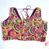 Embroidered Wine Blouse with Attached Sleeves and V Neckline