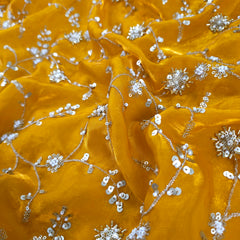 Mirha Hand Embroidered Yellow Golden Organza Shimmer Tissue with intricate Floral Sequin Embroidery
