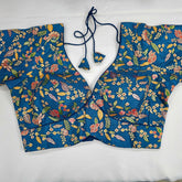 Embroidered Blue Silk Brocade Blouse with Curvy V Neckline