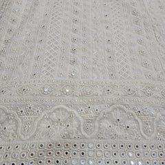 Embroidered White Dyeable Georgette with Border Floral, Geometric Threadwork & Mirror Highlights