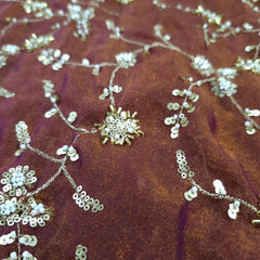 Mirha Hand Embroidered Brown Organza Shimmer Tissue with intricate Floral Sequin Embroidery