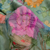 Multi-color Floral Digital Print on Mint Green Organza Fabric with Handwork