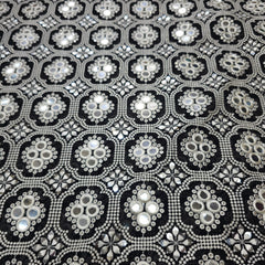 Black Georgette Fabric with Intricate White Resam Embroidery and Mirrorwork