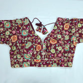 Embroidered Wine Blouse with Half Sleeves and V Neckline