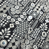 Black Georgette Fabric with Intricate White Resam Embroidery and Mirrorwork