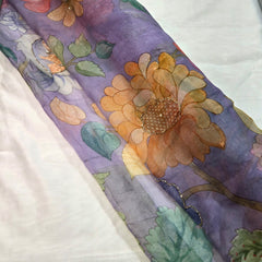 Multi-color Floral Digital Print on Purple Organza Fabric with Handwork