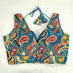 Embroidered Blue Blouse with Attached Sleeves and V Neckline