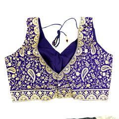 Embroidered Purple Silk Blouse with Attached Sleeves and Curvy V Neckline