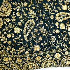 Embroidered Dark Green Blouse with Attached Sleeves and Curvy V Neckline