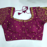Embroidered Wine Raw Silk Blouse with Round Neckline