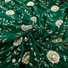 Mirha Hand Embroidered Dark Green Organza Shimmer Tissue with Floral Sequin Embroidery