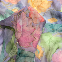 Multi-color Floral Digital Print on Purple Organza Fabric with Handwork