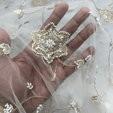 Dyeable Embroidered Net Fabric with Star Shape Floral White Cutdana & Sequin Work