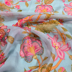 Multi-color Floral Digital Print on Powder Blue Organza Fabric with Handwork