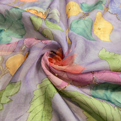Multi-color Floral Digital Print on Purple Organza Fabric with Handwork