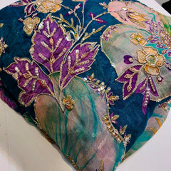 Peacock Blue Organza Mahima Mahajan inspired with cutdana & sequin work with Floral Position Print
