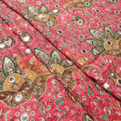 Dark Coral Color Crepe Fabric with Multicolor Embroidery & Mirror Highlights