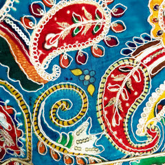 Embroidered Blue Blouse with Attached Sleeves and V Neckline