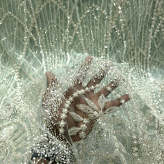 Pastel Aqua Embroidered Net Fabric with Heavy Sequins, Beads & Pearl Work