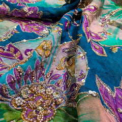 Peacock Green Organza Mahima Mahajan inspired with cutdana & sequin work with Floral Position Print