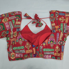 Embroidered Red Blouse - Sweetheart Neckline with tie -up dori