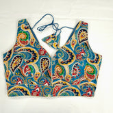 Embroidered Blue Blouse with Attached Sleeves and V Neckline