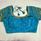 Embroidered Blue Raw Silk Blouse with Round Neckline