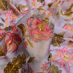 Multi-color Floral Digital Print on Lilac Organza Fabric with Handwork