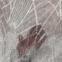 Salmon Pink Embroidered Net Fabric with Heavy Sequins, Beads & Pearl Work
