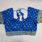 Embroidered Blue Silk Brocade Blouse with Sweetheart Neckline