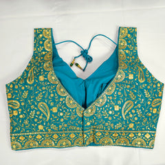 Embroidered Teal Blue / Firozi Blouse with Attached Sleeves and Curvy V Neckline