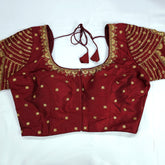 Embroidered Maroon Raw Silk Blouse with Round Neckline