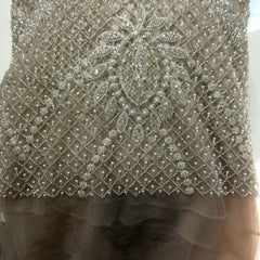 Vanilla Mocha Embroidered Net Fabric with Heavy Sequins, Beads & Pearl Work