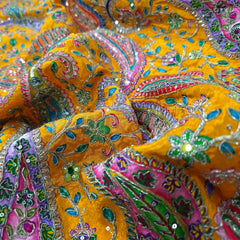 Bright Yellow Crepe Base Fabric with Multicolor Embroidery & Zari, Sequin work