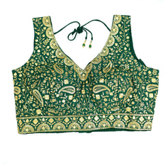 Embroidered Green Silk Blouse with Attached Sleeves and Curvy V Neckline