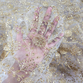 Dyeable Embroidered Net Fabric with Floral Gold Zari, Sequin Work & Veil Pattern