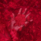 Embroidered Red Net Fabric with all over Floral Pattern