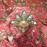 Dark Coral Color Crepe Fabric with Multicolor Embroidery & Mirror Highlights